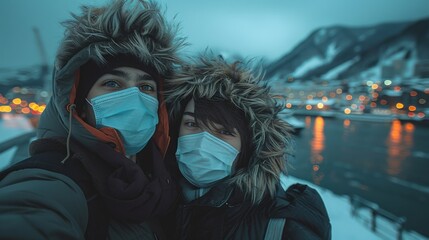 A mother and son wearing face masks take a selfie outdoors in a cold, snowy setting with bright city lights and mountains in the background.