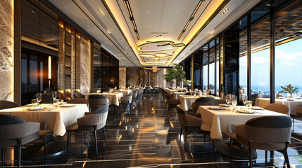 A luxurious, upscale restaurant with a sophisticated ambiance and elegant interior design, ideal for fine dining, special occasions and romantic dinners.