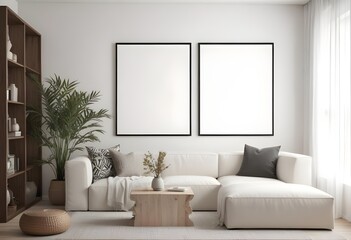 Mockup poster frames on the wall of the dining room. Modern Interior mockup. Apartment background. Modern Japandi interior design. 3D render
