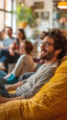 A creative team brainstorming session taking place in a cozy, well-lit room, with a focus on a smiling man in glasses sitting on a yellow chair.