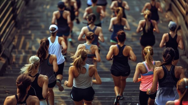 High angle view of a diverse group of women running up a set of stairs, emphasizing fitness and unity. The photo captures motion and determination.