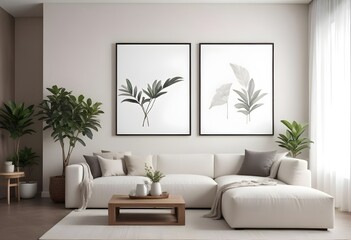Mockup poster frames on the wall of the dining room. Modern Interior mockup. Apartment background. Modern Japandi interior design. 3D render