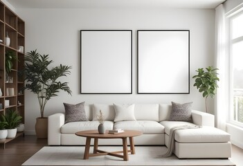 Mockup poster frames on the wall of the dining room. Modern Interior mockup. Apartment background. Modern Japandi interior design. 3D render