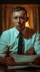 A man in formal attire is intently analyzing a document, possibly customer feedback, in a dimly lit environment. The serious expression on his face indicates focused attention.