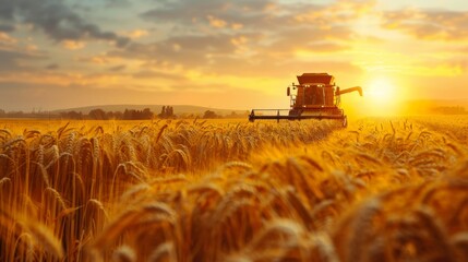 Fototapeta premium Golden wheat field at sunset with combine harvester and tractor, summer harvest silhouette