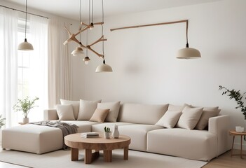 Mockup poster frames on the wall of the dining room. Modern Interior mockup. Apartment background. Modern Japandi interior design. 3D render