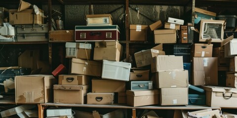 A disorganized heap of various cardboard boxes waiting to be unpacked in a messy storage room