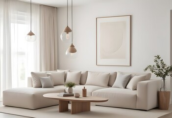 Mockup poster frames on the wall of the dining room. Modern Interior mockup. Apartment background. Modern Japandi interior design. 3D render