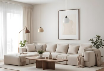 Naklejka premium Mockup poster frames on the wall of the dining room. Modern Interior mockup. Apartment background. Modern Japandi interior design. 3D render