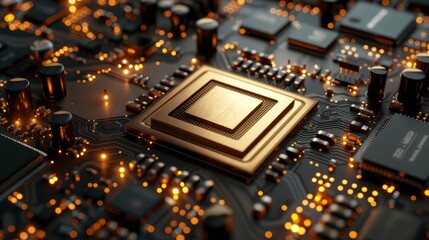 Intricate gold circuit board and microchip on a modern CPU, rendered in 3D against a black backdrop, ideal for tech presentations