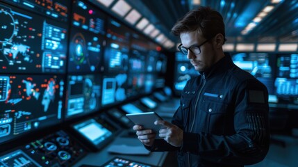 A tech professional using a digital tablet is portrayed in a high-tech control room filled with multiple screens displaying data and analytics.