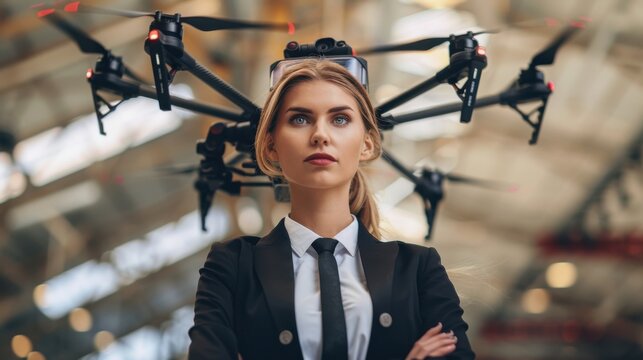 A businesswoman, dressed in formal attire, stands confidently with a drone hovering behind her in an office setting. The image highlights technology in a professional environment.