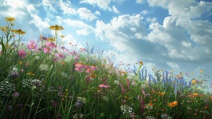 Obraz premium Wildflower Meadow in Full Bloom. Bright flowers against a cloudy sky.
