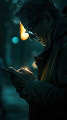 Fototapeta premium A tech professional in a dimly lit environment intently looks at a digital tablet, with soft ambient lighting casting a glow on his face.