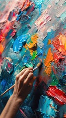 Fototapeta premium A close-up of a hand holding a brush painting on a colorful and textured canvas. The painting features vibrant colors and abstract patterns.