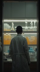 An engineer or scientist is seen from behind, standing in a laboratory, examining a set of orange liquid-filled glass containers on shelves.