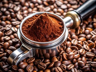 Coffee Powder in Portafilter Surrounded by Coffee Beans.