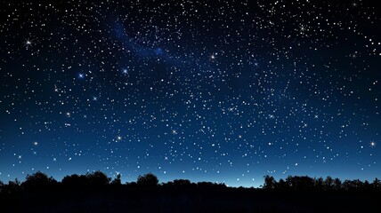 Fototapeta premium A clear night sky filled with countless stars twinkles above the silhouette of a forest. The serene scene evokes a sense of calm and wonder.