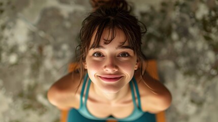 A young woman in a sporty tank top and leggings smiles while looking up. She appears to be in a gym or studio setting, suggesting a focus on fitness and exercise.