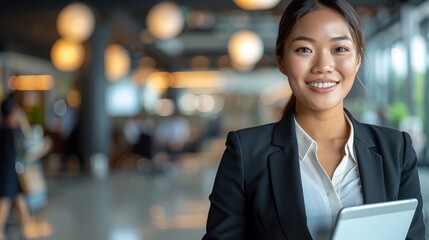 Fototapeta premium A happy businesswoman is holding a tablet and leaning on a desk in a modern office with bright lighting and a stylish interior.