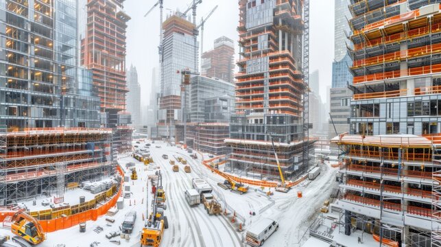 A snowy urban construction site with high-rise buildings in Hudson Yard, New York City, taken on February 11, 2015. Cranes and construction equipment are visible.