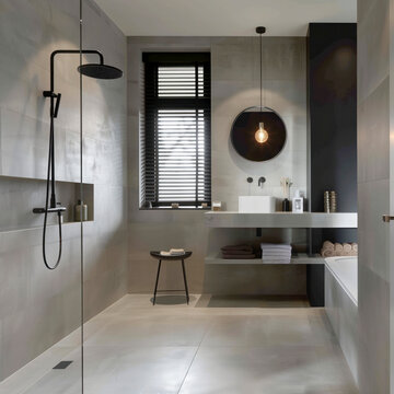 A refined and tastefully designed shower space with sleek grey tiling and contemporary bathroom fixtures