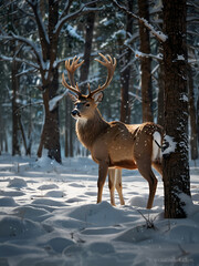 Fototapeta premium A beautiful adult Deer, against a forest background in winter