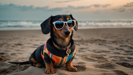 Dachshund dog in sunglasses with cocktail on beach by sea