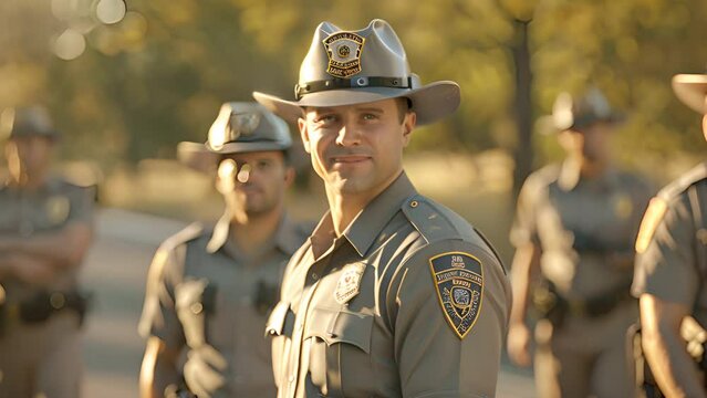A group of highway patrol officers stood erect and smiled looking at the camera.