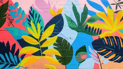 Mural art design featuring oversized vibrant foliage
