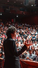 A person in formal attire delivers a business presentation to a large and diverse audience in an auditorium.
