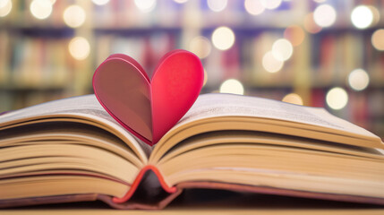 Fototapeta premium Love story book with open page of literature in heart shape and stack piles of textbooks on reading desk in library, school study room for national library lovers month and education learning concept