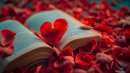 Love story book with open page of literature in heart shape and stack piles of textbooks on reading desk in library, school study room for national library lovers month and education learning concept
