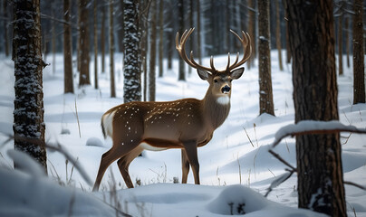 Fototapeta premium A beautiful adult Deer, against a forest background in winter