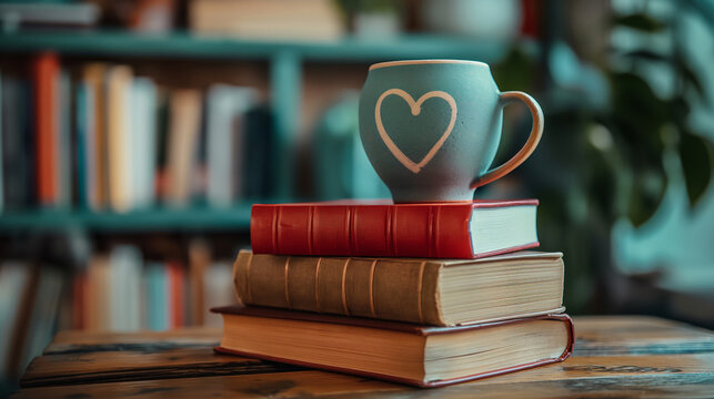 Love story book with open page of literature in heart shape and stack piles of textbooks on reading desk in library, school study room for national library lovers month and education learning concept
