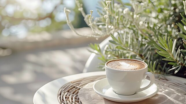 A tasty coffee in a beautiful cup in a boho interior, realistic photo