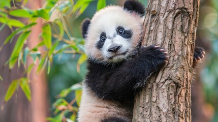 Obraz premium A panda bear on tree in wild forest.