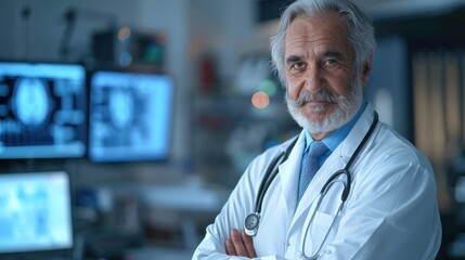 A confident doctor with crossed arms poses in a well-equipped, high-tech medical setting, featuring multiple monitors displaying medical images.