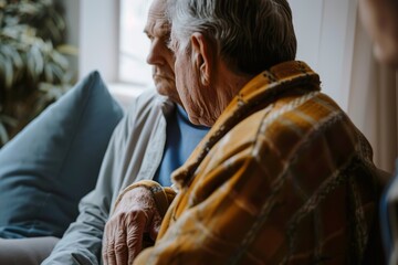 Fototapeta premium A man and woman are sitting on a couch, the man is wearing a yellow plaid jacket