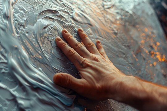 A hand reaches out to touch a 3D-texture painting, feeling the tactile surface and exploring the intricate texture.