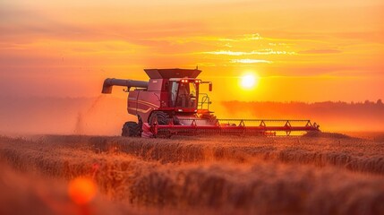 Fototapeta premium A tractor is harvesting soybean crops in a field during a vivid sunset, with golden hues lighting up the landscape.