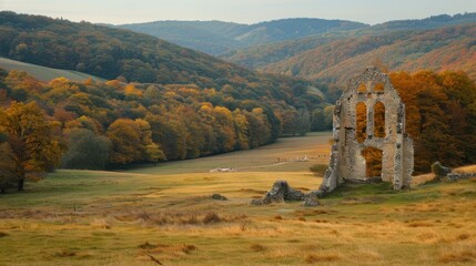Fototapeta premium An autumnal landscape showcasing the ruins of Niedergundelfingen in Lautertal, Swabia, with colorful foliage and rolling hills creating a serene and picturesque scene.