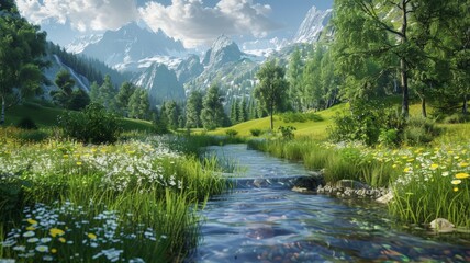 A pristine mountain stream flows through a valley filled with vibrant wildflowers. Snow-capped peaks rise majestically in the background.