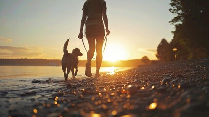 A woman walks her dog along a pebbled beach at sunset, creating a serene and peaceful atmosphere with the golden sun reflecting off the water.