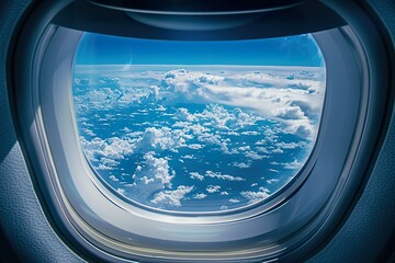 A window on an airplane with a blue sky and clouds