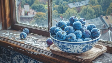 A ceramic serving bowl filled with plums sits on a wooden tray near a rustic, weathered window. The view outside shows a scenic landscape with trees and buildings.