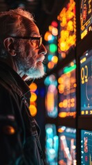 Obraz premium An elderly man with glasses is intently examining a series of glowing, colorful data screens in a dimly lit, high-tech environment.