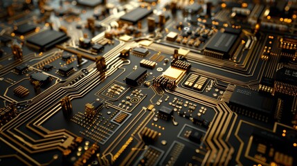 Macro view of a futuristic circuit board, featuring detailed gold pathways and complex black components, highlighting technological innovation