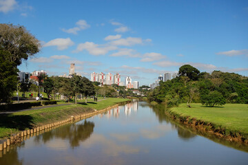 Barigui park in Curitiba, Brazil, on sunny day. Panoramic