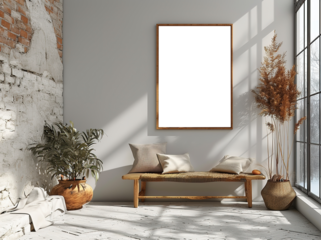 Minimalist interior design room featuring blank poster frame mockup on white wall featuring natural elements like rustic wooden bench and textured pottery